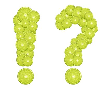 fresh green lime slices formed question and exclamation mark.