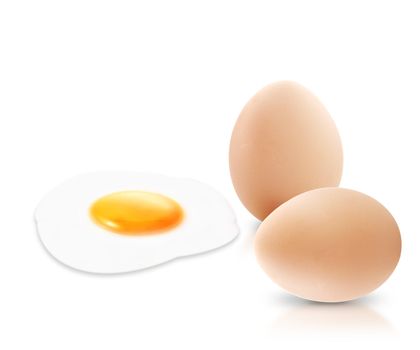 Close up of two eggs and fried egg, isolated on white background.