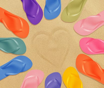 a pair of flip flops on the beach sand, Summer back concept.