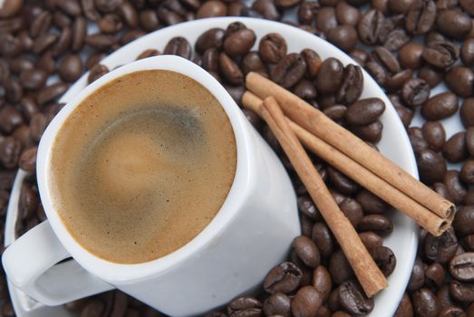 Still life about coffee with a delicious  espresso and some coffee beans and cinnamon.