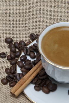 Still life about coffee with a delicious  espresso and some coffee beans and cinnamon.