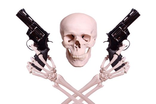 skull with two skeleton hands holding guns