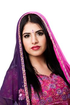 Face of beautiful Bengali Indian Hindu woman in colorful dress and veil, isolated