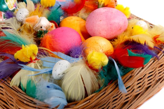 Easter decoration,Colored eggs in wicker basket
