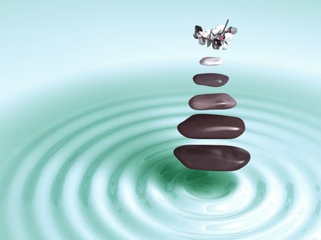 Stones in Levitation with orchids above green circular waves