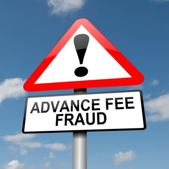 Illustration depicting a road traffic sign with an advance fee fraud concept. Blue sky background.
