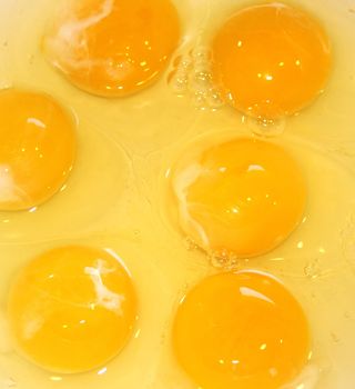 Egg yolk of six eggs in a bowl together.