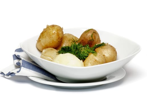 New Potato Boiled in white Bowl with dill and butter isolated on white background
