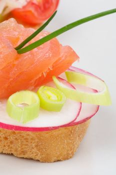 Delicious Smoked Salmon Canape with onion and radish closeup