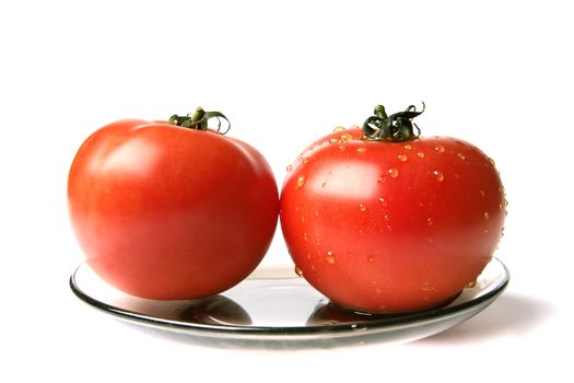 dry and wet tomatoes at the plate on a white background 