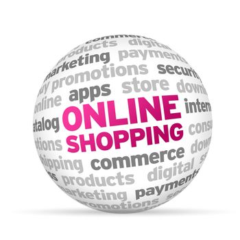 3d Online Shopping Word Sphere on white background.