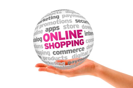 Hand holding a Online Shopping Word Sphere on white background. 