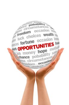 Hands holding a Opportunities word Sphere sign on white background.