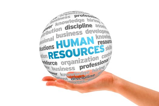 Hand holding a Human Resources Word Sphere on white background. 