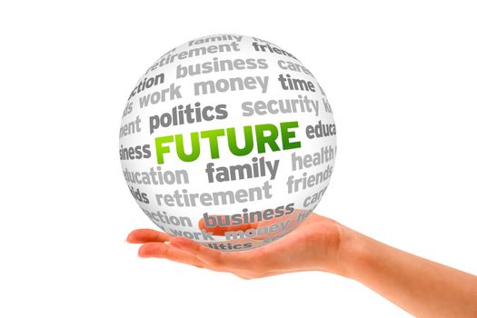 Hand holding a Future Word Sphere on white background. 