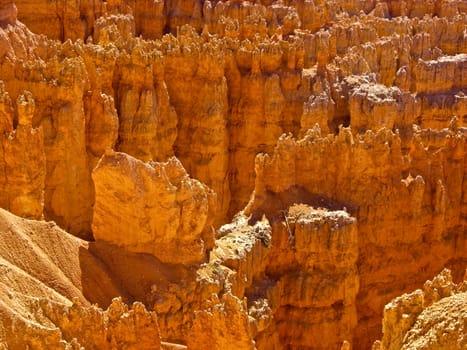 Orange glow of rock spire formations in Bryce National Park,  Utah USA