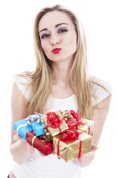 beautyful happy blond woman with present isolated celebration 