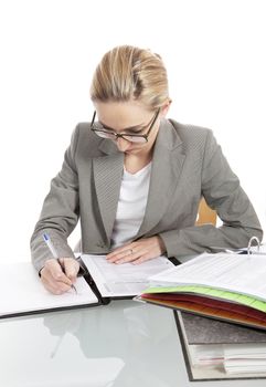 business woman with folders on desk at office isolated