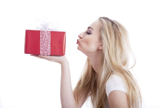 beautyful happy blond woman with present isolated celebration 