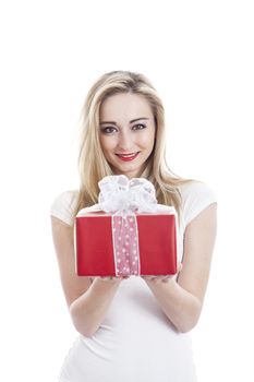 beautyful happy blond woman with present isolated celebration 