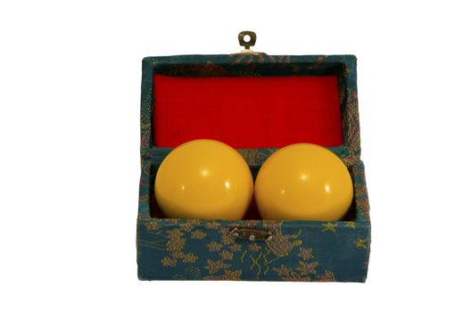 Yellow pool balls in ancient vintage retro box isolated on a white background