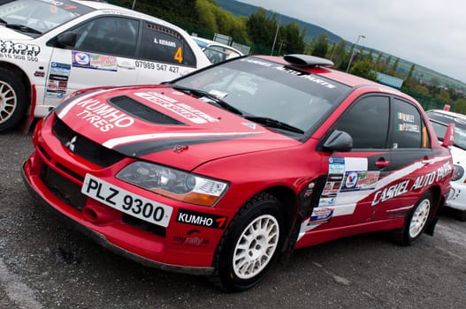 MALLOW, IRELAND - MAY 19: V. Mcaree Mitsubishi Evo in Park Ferme at The Jim Walsh Cork Forest Rally on May 19, 2012 in Mallow, Ireland. 4th round of the Valvoline National Forest Rally Championship.