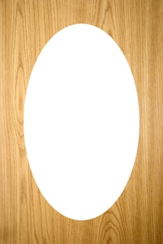 Isolated white oval place for text photograph image in center background of wood imitation with grained textures