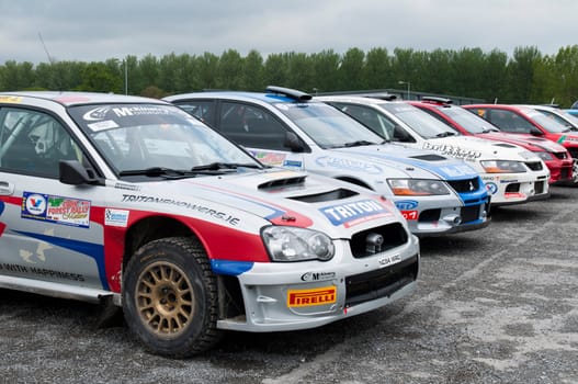 MALLOW, IRELAND - MAY 19: K. Barrett Subaru Impreza in Park Ferme at The Jim Walsh Cork Forest Rally on May 19, 2012 in Mallow, Ireland. 4th round of the Valvoline National Forest Rally Championship.