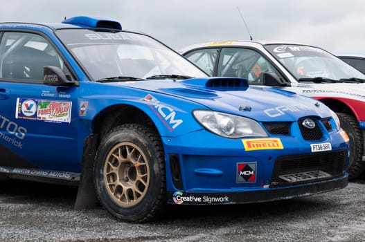 MALLOW, IRELAND - MAY 19: M. Cairns Subaru Impreza in Park Ferme at The Jim Walsh Cork Forest Rally on May 19, 2012 in Mallow, Ireland. 4th round of the Valvoline National Forest Rally Championship.