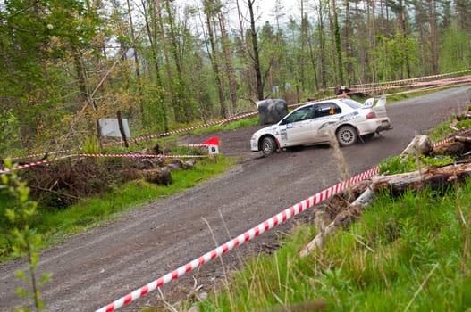 MALLOW, IRELAND - MAY 19: C. Britton driving Subaru Impreza at the Jim Walsh Cork Forest Rally on May 19, 2012 in Mallow, Ireland. 4th round of the Valvoline National Forest Rally Championship.