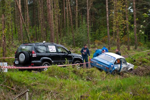 MALLOW, IRELAND - MAY 19: S. Benskin off road on Ford Escort at the Jim Walsh Cork Forest Rally on May 19, 2012 in Mallow, Ireland. 4th round of the Valvoline National Forest Rally Championship.