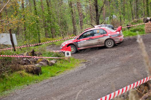 MALLOW, IRELAND - MAY 19: Stage Winner O. Murphy driving Mitsubishi Evo at the Jim Walsh Cork Forest Rally on May 19, 2012 in Mallow, Ireland. 4th round of the Valvoline Forest Rally Championship.