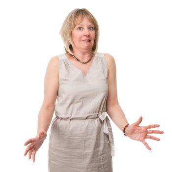 Attractive Mature Woman with Scared Expression Holding Hands Out Isolated