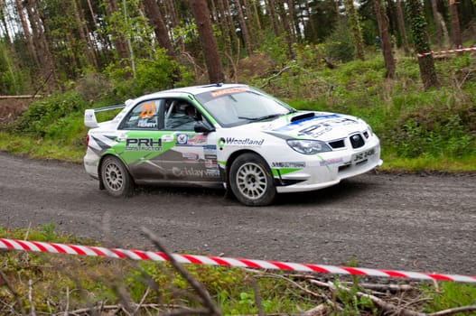 MALLOW, IRELAND - MAY 19: N. Henry driving Subaru Impreza at the Jim Walsh Cork Forest Rally on May 19, 2012 in Mallow, Ireland. 4th round of the Valvoline National Forest Rally Championship.