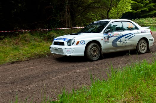 MALLOW, IRELAND - MAY 19: J. Connors driving Subaru Impreza at the Jim Walsh Cork Forest Rally on May 19, 2012 in Mallow, Ireland. 4th round of the Valvoline National Forest Rally Championship.