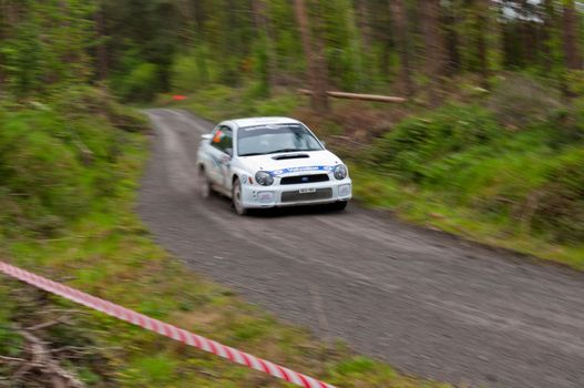 MALLOW, IRELAND - MAY 19: J. Connors driving Subaru Impreza at the Jim Walsh Cork Forest Rally on May 19, 2012 in Mallow, Ireland. 4th round of the Valvoline National Forest Rally Championship.