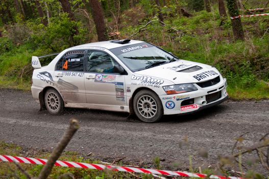 MALLOW, IRELAND - MAY 19: C. Britton driving Subaru Impreza at the Jim Walsh Cork Forest Rally on May 19, 2012 in Mallow, Ireland. 4th round of the Valvoline National Forest Rally Championship.