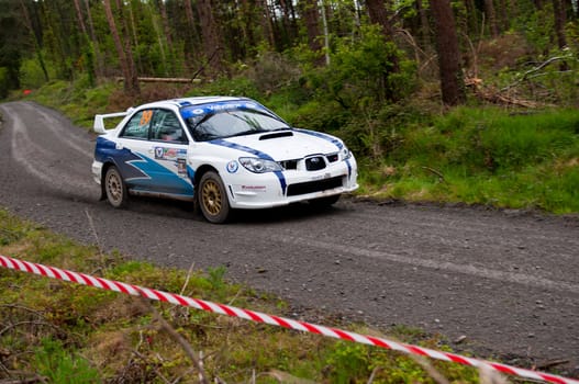 MALLOW, IRELAND - MAY 19: S. Cullen driving Subaru Impreza at the Jim Walsh Cork Forest Rally on May 19, 2012 in Mallow, Ireland. 4th round of the Valvoline National Forest Rally Championship.