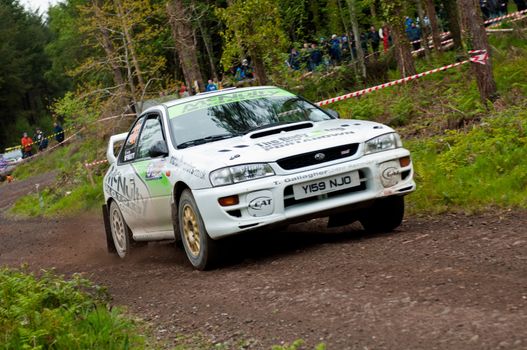 MALLOW, IRELAND - MAY 19: E. Mcnulty driving Subaru Impreza at the Jim Walsh Cork Forest Rally on May 19, 2012 in Mallow, Ireland. 4th round of the Valvoline National Forest Rally Championship.