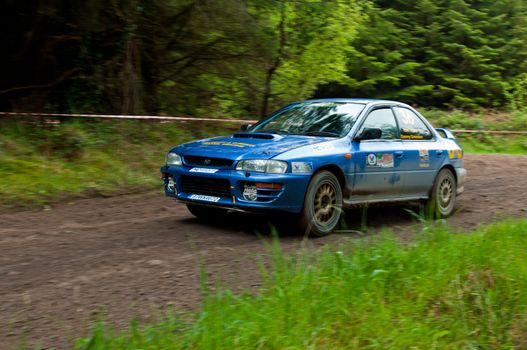 MALLOW, IRELAND - MAY 19: D. Creedon driving Subaru Impreza at the Jim Walsh Cork Forest Rally on May 19, 2012 in Mallow, Ireland. 4th round of the Valvoline National Forest Rally Championship.