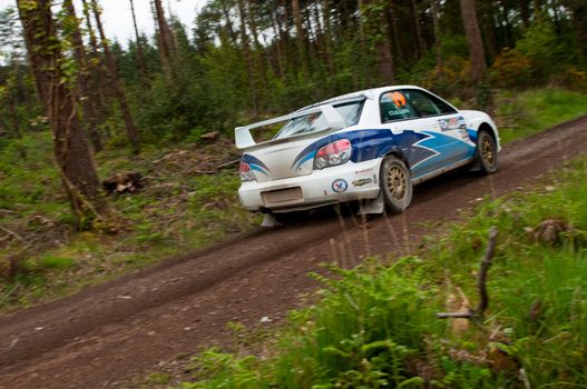 MALLOW, IRELAND - MAY 19: S. Cullen driving Subaru Impreza at the Jim Walsh Cork Forest Rally on May 19, 2012 in Mallow, Ireland. 4th round of the Valvoline National Forest Rally Championship.