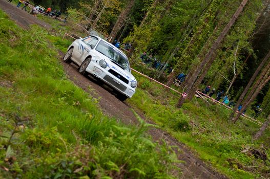 MALLOW, IRELAND - MAY 19: J. Connors driving Subaru Impreza at the Jim Walsh Cork Forest Rally on May 19, 2012 in Mallow, Ireland. 4th round of the Valvoline National Forest Rally Championship.