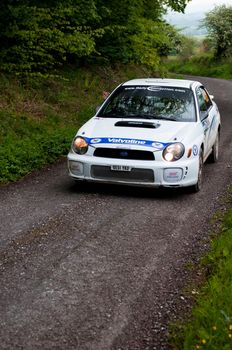 MALLOW, IRELAND - MAY 19: J. Connors driving Subaru Impreza at the Jim Walsh Cork Forest Rally on May 19, 2012 in Mallow, Ireland. 4th round of the Valvoline National Forest Rally Championship.