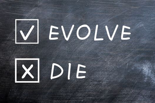 Evolve or die with check boxes drawn with chalk on a smudged blackboard