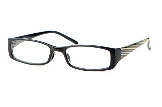 Black eyeglasses on white background.