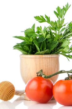 Tomatoes on the vine and green herb leafs sprigs in an wood mortar over white background.