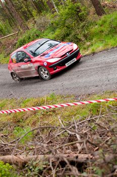 MALLOW, IRELAND - MAY 19: D. Cronin driving Peugeot 206 at the Jim Walsh Cork Forest Rally on May 19, 2012 in Mallow, Ireland. 4th round of the Valvoline National Forest Rally Championship.