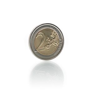 Closeup of two euro coin on white background. Clipping path is included