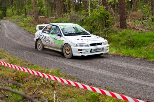 MALLOW, IRELAND - MAY 19: E. Mcnulty driving Subaru Impreza at the Jim Walsh Cork Forest Rally on May 19, 2012 in Mallow, Ireland. 4th round of the Valvoline National Forest Rally Championship.