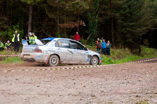 MALLOW, IRELAND - MAY 19: V. Mcaree driving Mitsubishi Evo at the Jim Walsh Cork Forest Rally on May 19, 2012 in Mallow, Ireland. 4th round of the Valvoline National Forest Rally Championship.